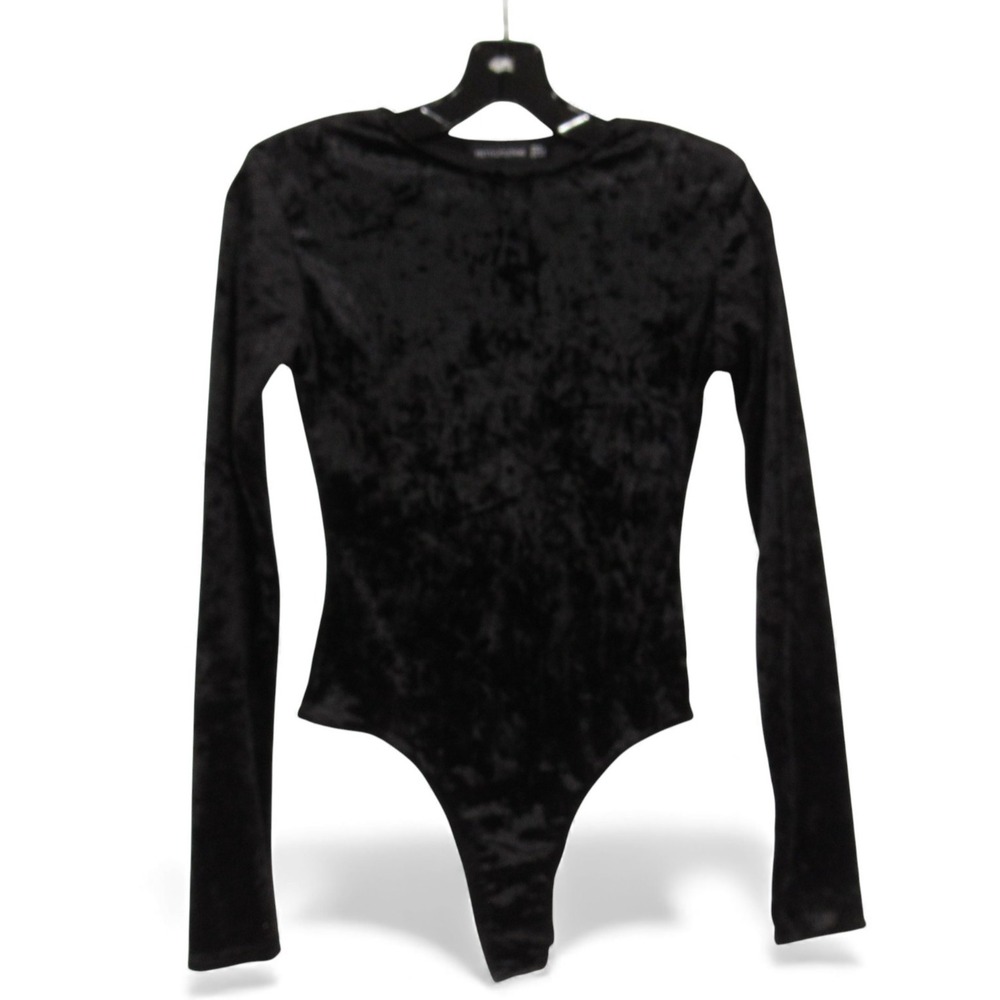 PRETTY LITTLE THING Black VELOUR Snap CREW NECK Fitted BODYSUIT/TOP Sz 2
